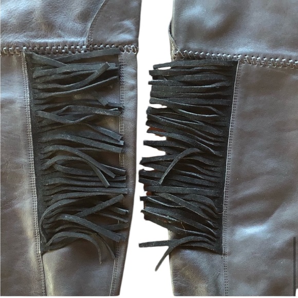 House of Harlow Black Leather Fringe Knee High Flat Footed Boots - Picture 10 of 11